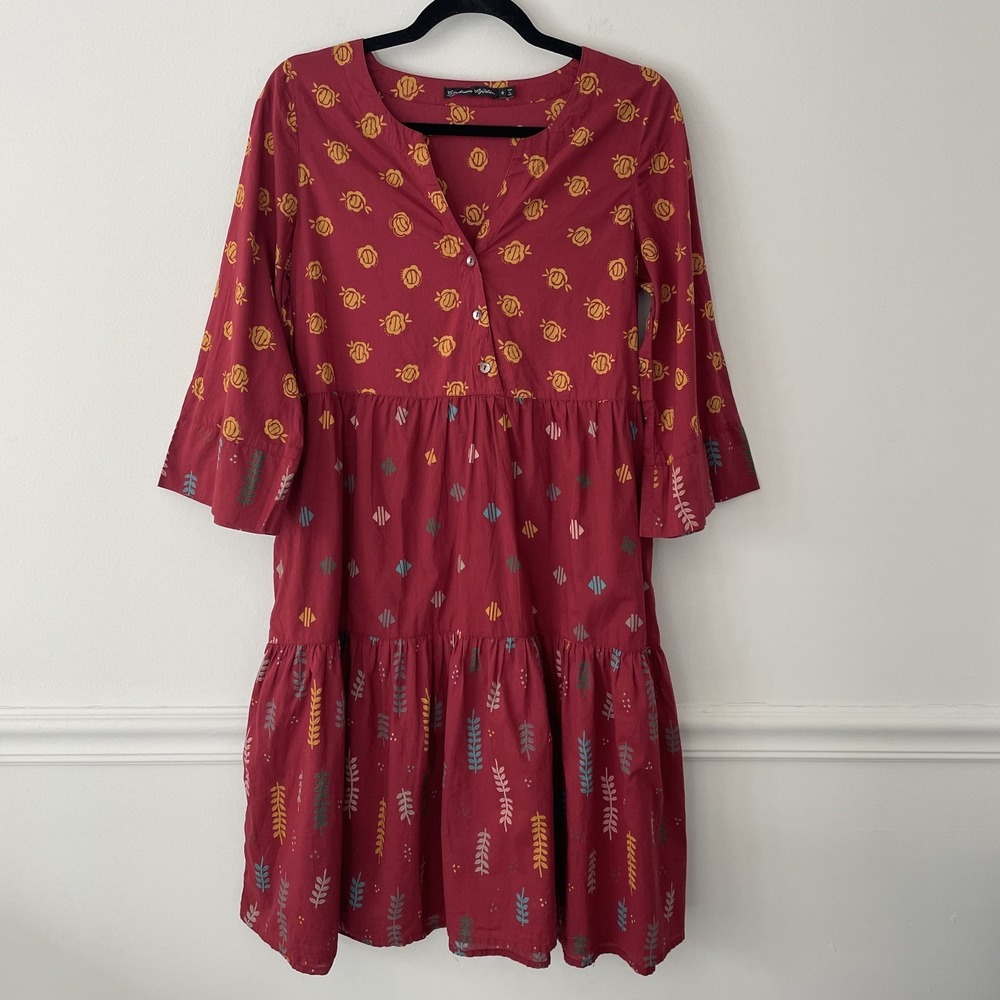 Gudrun Sjoden Organic Cotton Red Tiered Midi Dress Sz S Artsy Boho Mixed Print